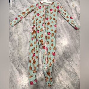 Ruffle Butts Gingerbread Print Footed One-Piece with Pink Trim